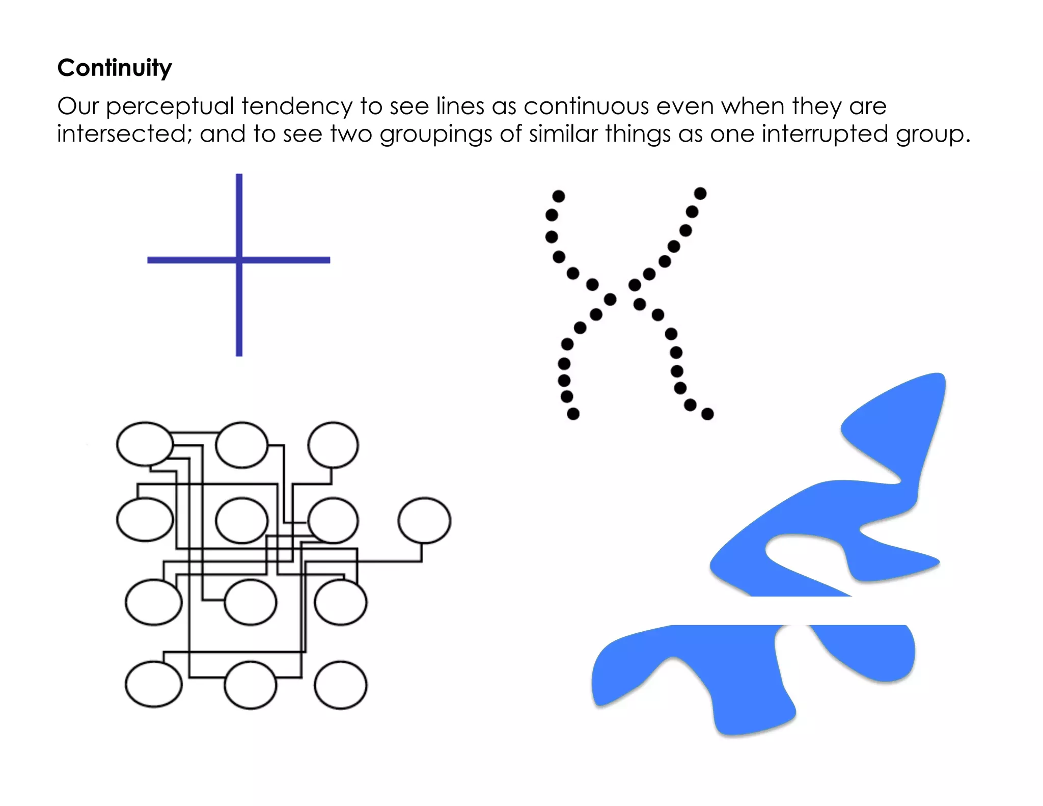 Continuity
Our perceptual tendency to see lines as continuous even when they are
intersected; and to see two groupings of similar things as one interrupted group.
 