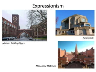Expressionism
Modern Building Types
Naturalism
Monolithic Materials
 
