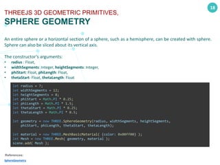 18
THREEJS 3D GEOMETRIC PRIMITIVES,
SPHERE GEOMETRY
An entire sphere or a horizontal section of a sphere, such as a hemisphere, can be created with sphere.
Sphere can also be sliced about its vertical axis.
The constructor’s arguments:
• radius : Float,
• widthSegments: Integer, heightSegments: Integer,
• phiStart: Float, phiLength: Float,
• thetaStart: Float, thetaLength: Float
References:
SphereGeometry
let radius = 7;
let widthSegments = 12;
let heightSegments = 8;
let phiStart = Math.PI * 0.25;
let phiLength = Math.PI * 1.5;
let thetaStart = Math.PI * 0.25;
let thetaLength = Math.PI * 0.5;
let geometry = new THREE.SphereGeometry(radius, widthSegments, heightSegments,
phiStart, phiLength, thetaStart, thetaLength);
let material = new THREE.MeshBasicMaterial( {color: 0x00ff00} );
let Mesh = new THREE.Mesh( geometry, material );
scene.add( Mesh );
 