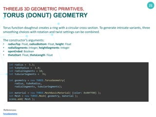 21
THREEJS 3D GEOMETRIC PRIMITIVES,
TORUS (DONUT) GEOMETRY
Torus function doughnut creates a ring with a circular cross section. To generate intricate variants, three
smoothing choices with rotation and twist settings can be combined.
The constructor’s arguments:
• radiusTop: Float, radiusBottom: Float, height: Float
• radialSegments: Integer, heightSegments: Integer
• openEnded: Boolean
• thetaStart: Float, thetaLength: Float
References:
TorusGeometry
let radius = 5.3;
let tubeRadius = 1.0;
let radialSegments = 18;
let tubularSegments = 76;
let geometry = new THREE.TorusGeometry(
radius, tubeRadius,
radialSegments, tubularSegments);
let material = new THREE.MeshBasicMaterial( {color: 0x00ff00} );
let Mesh = new THREE.Mesh( geometry, material );
scene.add( Mesh );
 