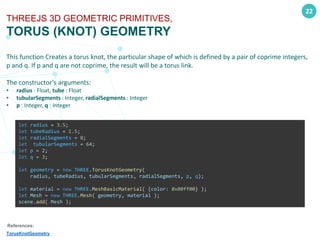 22
THREEJS 3D GEOMETRIC PRIMITIVES,
TORUS (KNOT) GEOMETRY
This function Creates a torus knot, the particular shape of which is defined by a pair of coprime integers,
p and q. If p and q are not coprime, the result will be a torus link.
The constructor’s arguments:
• radius : Float, tube : Float
• tubularSegments : Integer, radialSegments : Integer
• p : Integer, q : Integer
References:
TorusKnotGeometry
let radius = 3.5;
let tubeRadius = 1.5;
let radialSegments = 8;
let tubularSegments = 64;
let p = 2;
let q = 3;
let geometry = new THREE.TorusKnotGeometry(
radius, tubeRadius, tubularSegments, radialSegments, p, q);
let material = new THREE.MeshBasicMaterial( {color: 0x00ff00} );
let Mesh = new THREE.Mesh( geometry, material );
scene.add( Mesh );
 
