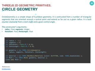 32
THREEJS 2D GEOMETRIC PRIMITIVES,
CIRCLE GEOMETRY
CircleGeometry is a simple shape of Euclidean geometry. It is contructed from a number of triangular
segments that are oriented around a central point and extend as far out as a given radius. It is built
counter-clockwise from a start angle and a given central angle.
The constructor’s arguments:
• radius : Float, segments : Integer
• thetaStart : Float, thetaLength : Float
References:
CircleGeometry
let radius = 7.1;
let segments = 15;
let thetaStart = Math.PI * 0.54;
let thetaLength = Math.PI * 0.70;
let geometry = new THREE.CircleGeometry(
radius, segments, thetaStart, thetaLength);
let material = new THREE.MeshBasicMaterial( {color: 0xffff00, side: THREE.DoubleSide} );
let Mesh = new THREE.Mesh( geometry, material );
scene.add( Mesh );
 