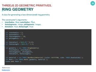 33
THREEJS 2D GEOMETRIC PRIMITIVES,
RING GEOMETRY
A class for generating a two-dimensional ring geometry
The constructor’s arguments:
• innerRadius : Float, outerRadius : Float,
• thetaSegments : Integer, phiSegments : Integer,
• thetaStart : Float, thetaLength : Float
References:
RingGeometry
let innerRadius = 2;
let outerRadius = 7;
let thetaSegments = 18;
let phiSegments = 2;
let thetaStart = Math.PI * 0.25;
let thetaLength = Math.PI * 1.5;
let geometry = new THREE.RingGeometry(
innerRadius, outerRadius,
thetaSegments, phiSegments,
thetaStart, thetaLength);
let material = new THREE.MeshBasicMaterial( {color: 0xffff00, side: THREE.DoubleSide} );
let Mesh = new THREE.Mesh( geometry, material );
scene.add( Mesh );
 