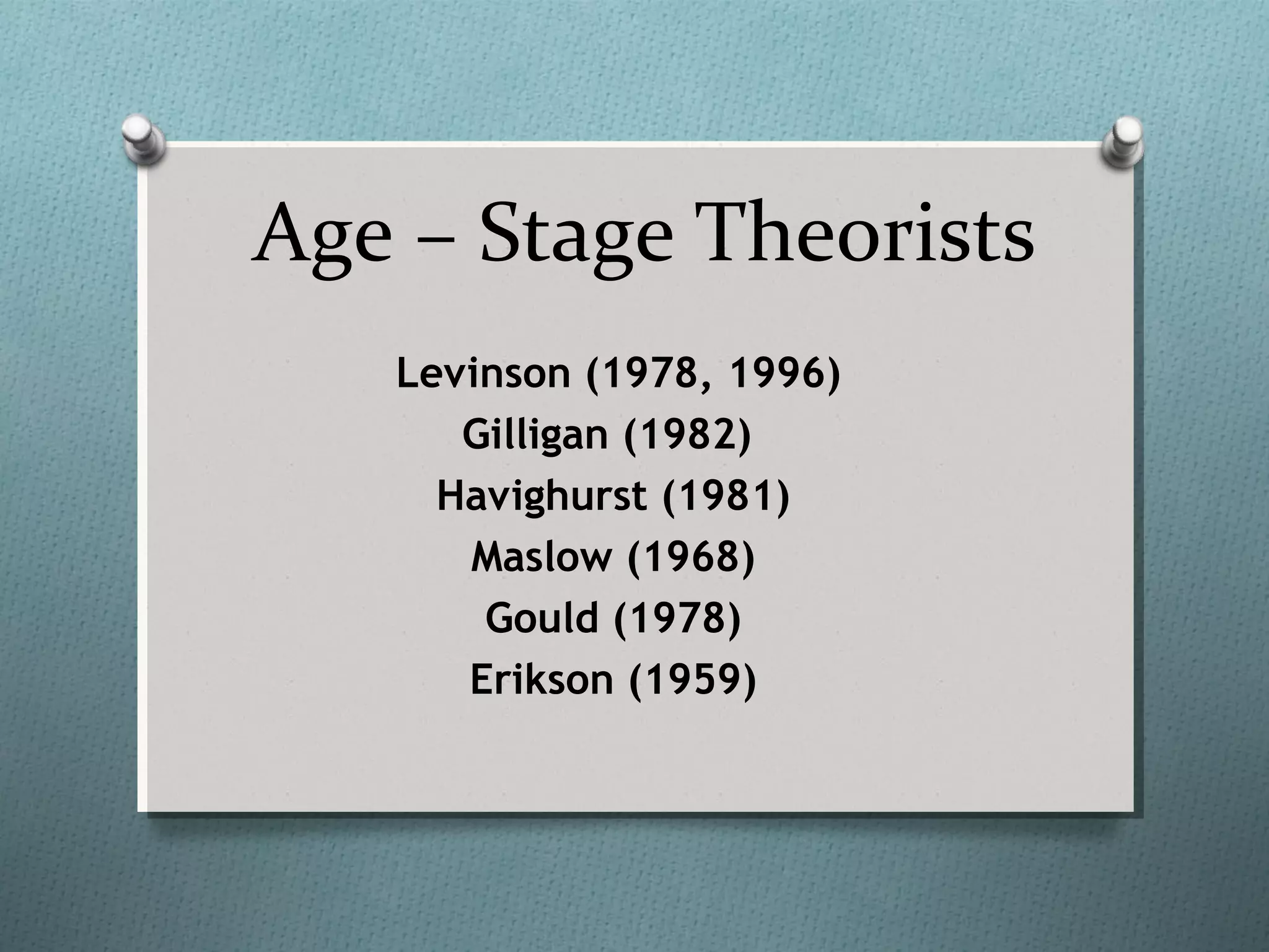 Age – Stage Theorists
Levinson (1978, 1996)
Gilligan (1982)
Havighurst (1981)
Maslow (1968)
Gould (1978)
Erikson (1959)
 