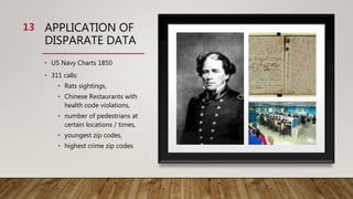 APPLICATION OF
DISPARATE DATA
• US Navy Charts 1850
• 311 calls:
• Rats sightings,
• Chinese Restaurants with
health code violations,
• number of pedestrians at
certain locations / times,
• youngest zip codes,
• highest crime zip codes
13
 