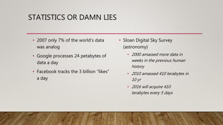STATISTICS OR DAMN LIES
• 2007 only 7% of the world’s data
was analog
• Google processes 24 petabytes of
data a day
• Facebook tracks the 3 billion “likes”
a day
• Sloan Digital Sky Survey
(astronomy)
• 2000 amassed more data in
weeks in the previous human
history
• 2010 amassed 410 terabytes in
10 yr
• 2016 will acquire 410
terabytes every 5 days
 