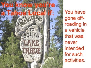 You know you’re
a Tahoe Local if: You have
gone off-
roading in
a vehicle
that was
never
intended
for such
activities.
 