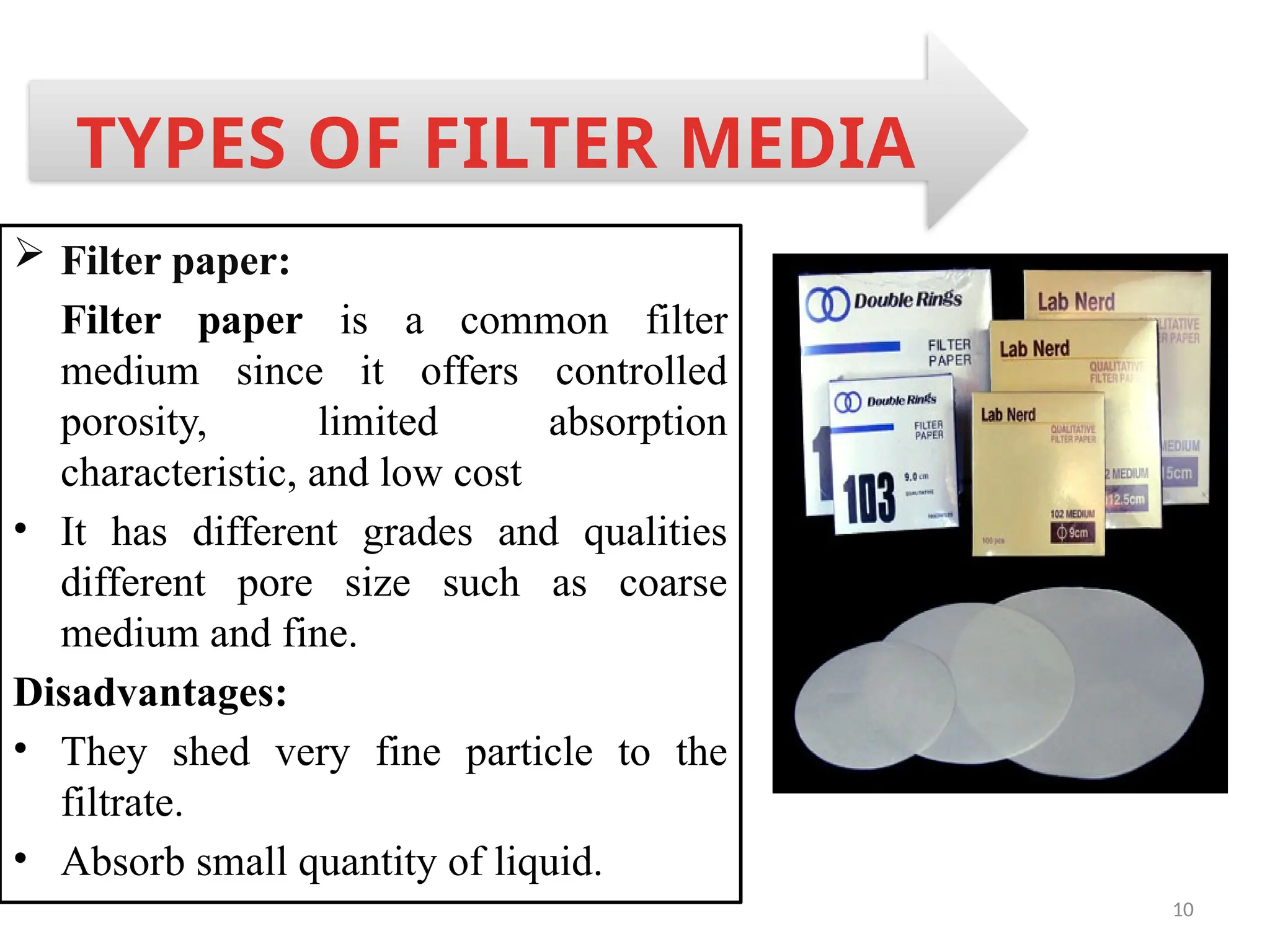 10
 Filter paper:
Filter paper is a common filter
medium since it offers controlled
porosity, limited absorption
characteristic, and low cost
• It has different grades and qualities
different pore size such as coarse
medium and fine.
Disadvantages:
• They shed very fine particle to the
filtrate.
• Absorb small quantity of liquid.
TYPES OF FILTER MEDIA
 