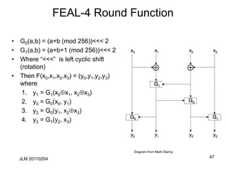 FEAL-4 Round Function
• G0(a,b) = (a+b (mod 256))<<< 2
• G1(a,b) = (a+b+1 (mod 256))<<< 2
• Where “<<<” is left cyclic shift
(rotation)
• Then F(x0,x1,x2,x3) = (y0,y1,y2,y3)
where
1. y1 = G1(x0x1, x2x3)
2. y0 = G0(x0, y1)
3. y2 = G0(y1, x2x3)
4. y3 = G1(y2, x3)
Diagram from Mark Stamp
47
JLM 20110204
 