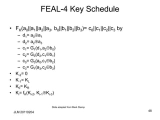 FEAL-4 Key Schedule
• FK(a0||a1||a2||a3, b0||b1||b2||b3)= c0||c1||c2||c3 by
– d1= a0a1
– d2= a2a3
– c1= G1(d1,a2b0)
– c2= G0(d2,c1b1)
– c0= G0(a0,c1b2)
– c3= G1(a3,c2b3)
• K-2= 0
• K-1= KL
• K0= KR
• Ki= fK(Ki-2, Ki-1Ki-3)
Slide adapted from Mark Stamp
48
JLM 20110204
 