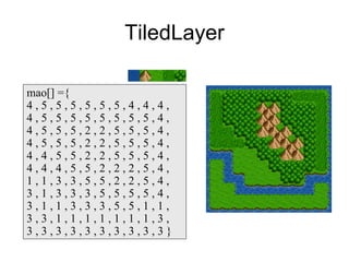 TiledLayer

mao[] ={
4,5,5,5,5,5,5,4,4,4,
4,5,5,5,5,5,5,5,5,4,
4,5,5,5,2,2,5,5,5,4,
4,5,5,5,2,2,5,5,5,4,
4,4,5,5,2,2,5,5,5,4,
4,4,4,5,5,2,2,2,5,4,
1,1,3,3,5,5,2,2,5,4,
3,1,3,3,3,5,5,5,5,4,
3,1,1,3,3,3,5,5,1,1,
3,3,1,1,1,1,1,1,1,3,
3,3,3,3,3,3,3,3,3,3}
 