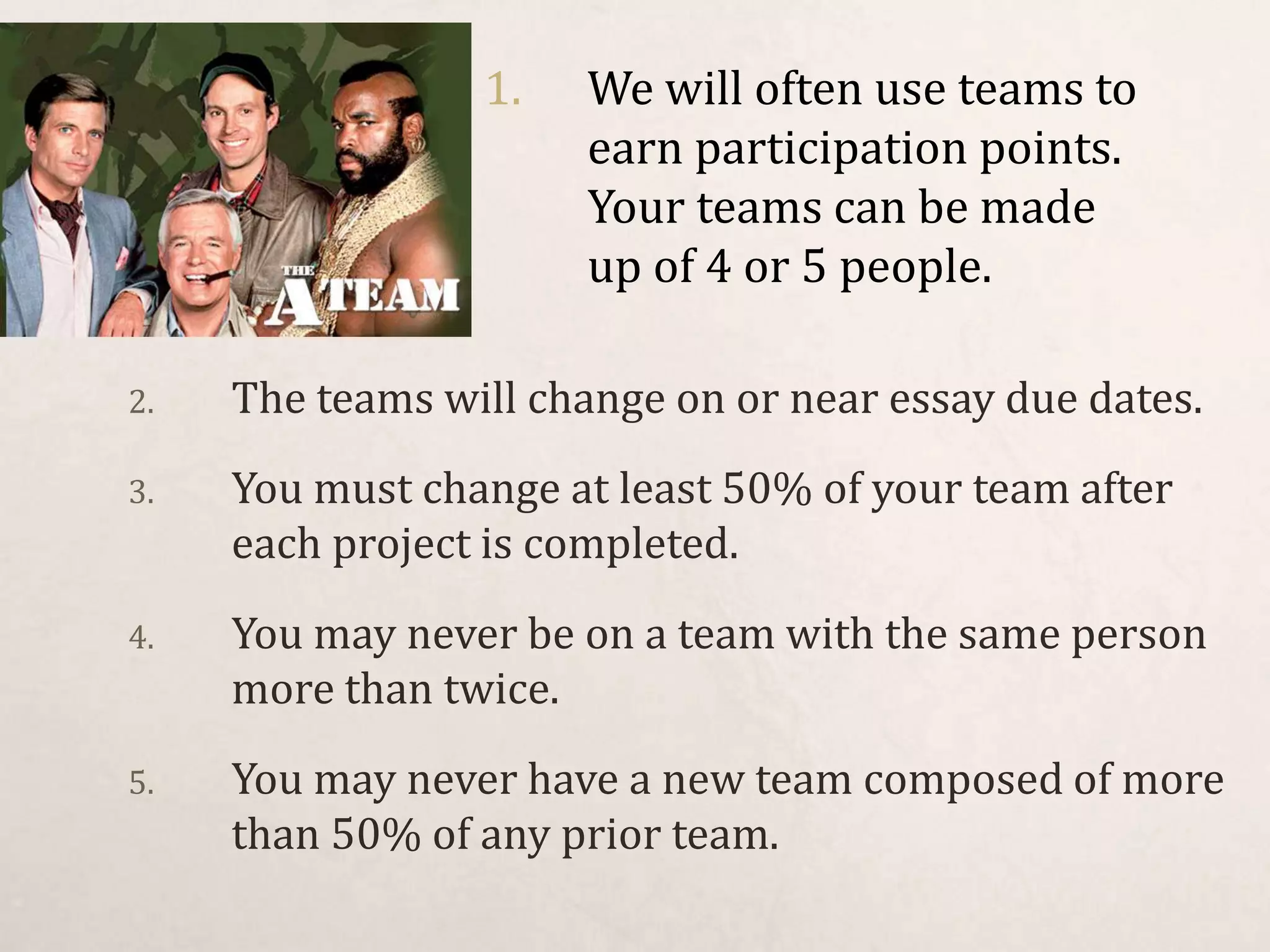 2. The teams will change on or near essay due dates.
3. You must change at least 50% of your team after
each project is completed.
4. You may never be on a team with the same person
more than twice.
5. You may never have a new team composed of more
than 50% of any prior team.
1. We will often use teams to
earn participation points.
Your teams can be made
up of 4 or 5 people.
 