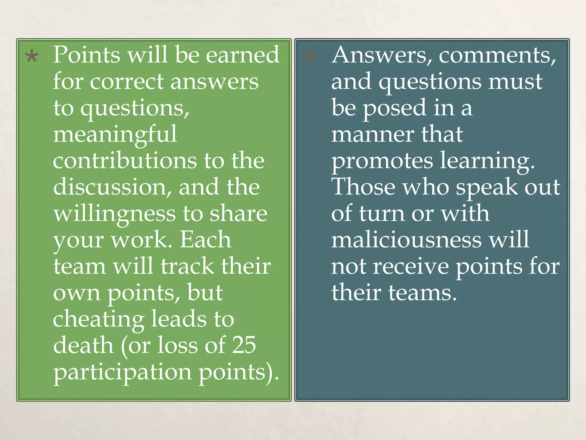  Points will be earned
for correct answers
to questions,
meaningful
contributions to the
discussion, and the
willingness to share
your work. Each
team will track their
own points, but
cheating leads to
death (or loss of 25
participation points).
 Answers, comments,
and questions must
be posed in a
manner that
promotes learning.
Those who speak out
of turn or with
maliciousness will
not receive points for
their teams.
 