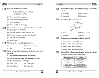 Paper Code : UN449 27
CLASS : 5
45 How are the following similar ?
The Lever, Inclined plane, Pulley,
Screw, Wheel and Axle
(A) They are simple machines.
(B) They are complex machines.
(C) They are forces.
(D) They are forms of energy.
46 Why are the plants growing in the shade smaller than
the plants growing in the Sun.
(A) The tree removes water from the soil.
(B) The tree removes minerals from the soil.
(C) The tree blocks sunlight.
(D) All of these.
47 The hump of a camel helps in storing
(A) water. (B) half-chewed grass.
(C) fat. (D) blood.
48 Which of the following statements describe our heart
correctly ?
i) It pumps blood to all parts of our body.
ii) It is a muscular organ that works all the time
iii) It is protected by our ribcage
(A) i and ii only (B) i and iii only
(C) ii and iii only (D) i, ii and iii
Paper Code : UN449
28
CLASS : 5
49 Which of these pass through three stages in their life
cycle ?
(A) Butterfly (B) Cockroach
(C) Housefly (D) Mosquito
50 Identify the type of joint shown.
(A) Hinge (B) Ball and socket
(C) Gliding (D) Pivot
51 Which statement about green plants is true ?
(A) Green plants have no pigments.
(B) Green plants are saprophytes.
(C) Green plants are autotrophs.
(D) Green plants are heterotrophs.
52 Which of the following combination is incorrect about
plants and their types of food storage ?
Storage organ Plants
Bulb Onion, garlic
Flower Broccoli
Root tuber Potato, dahlia
Rhizome Ginger, turmeric
(A)
(B)
(C)
(D)
 