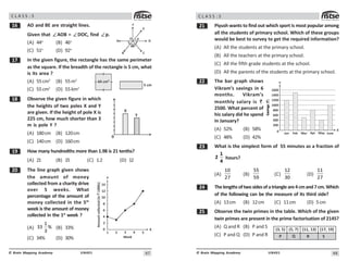 47
UN401
© Brain Mapping Academy
C L A S S : 5
$ AD and BE are straight lines.
Given that ∠AOB = ∠DOC, find ∠p.
(A) 44o
(B) 46o
(C) 51o
(D) 92o
% In the given figure, the rectangle has the same perimeter
as the square. If the breadth of the rectangle is 5 cm, what
is its area ?
(A) 55cm3
(B) 55m2
(C) 55cm2
(D) 55km2
 Observe the given figure in which
the heights of two poles X and Y
are given. If the height of pole X is
225 cm, how much shorter than 3
m is pole Y ?
(A) 180cm (B) 120cm
(C) 140cm (D) 160cm
' How many hundredths more than 1.98 is 21 tenths?
(A) 21 (B) 15 (C) 1.2 (D) 12
 The line graph given shows
the amount of money
collected from a charity drive
over 5 weeks. What
percentage of the amount of
money collected in the 5th
week is the amount of money
collected in the 1st
week ?
(A)
1
33 %
3
(B) 33%
(C) 34% (D) 30%
0
X
Y
A
B C
D
E
F
p
88
O
64 cm²
5 cm
Amount
collected
(in
1000s)

2
4
6
8
10
12
14
0
1 2 3 4 5
Y
X
Week
48
UN401
© Brain Mapping Academy
C L A S S : 5
 Piyush wants to find out which sport is most popular among
all the students of primary school. Which of these groups
would be best to survey to get the required information?
(A) All the students at the primary school.
(B) All the teachers at the primary school.
(C) All the fifth grade students at the school.
(D) All the parents of the students at the primary school.
The bar graph shows
Vikram’s savings in 6
months. Vikram’s
monthly salary is 
2500. What percent of
his salary did he spend
in January?
(A) 52% (B) 58%
(C) 48% (D) 42%
! What is the simplest form of 55 minutes as a fraction of
1
2
4
hours?
(A)
10
27
(B)
55
59
(C)
12
30
(D)
11
27
 Thelengthsoftwosidesofatriangleare4cmand7cm.Which
of the following can be the measure of its third side?
(A) 13cm (B) 12cm (C) 11cm (D) 5cm
# Observe the twin primes in the table. Which of the given
twin primes are present in the prime factorisation of 2145?
(A) Q and R (B) P and S
(C) P and Q (D) P and R
200
400
600
00
1000
0
Savings

Savings

1200
1400
1600
;
X
Jan .eb Mar )Fr May June
(5, 7) (17, 19)
(11, 13)
R S
(3, 5)
Q
P
 