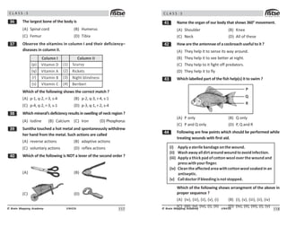 117
UN426
© Brain Mapping Academy
C L A S S : 5
!$ The largest bone of the body is
(A) Spinal cord (B) Humerus
(C) Femur (D) Tibia
!% Observe the vitamins in column I and their deficiency–
diseases in column II.
Vitamin D
Column I Column II
Vitamin A
Vitamin B
Vitamin C
Scurvy
Rickets
Night blindness
Beriberi
(p) (1)
(q) (2)
(r) (3)
(s) (4)
Which of the following shows the correct match ?
(A) p-1, q-2, r-3, s-4 (B) p-2, q-3, r-4, s-1
(C) p-4, q-2, r-3, s-1 (D) p-3, q-1, r-2, s-4
! Which mineral’s deficiency results in swelling of neck region ?
(A) Iodine (B) Calcium (C) Iron (D) Phosphorus
!' Sunitha touched a hot metal and spontaneously withdrew
her hand from the metal. Such actions are called
(A) reverse actions (B) adaptive actions
(C) voluntary actions (D) reflex actions
 Which of the following is NOT a lever of the second order ?
(A) (B)
(C) (D)
118
UN426
© Brain Mapping Academy
C L A S S : 5
 Name the organ of our body that shows 360° movement.
(A) Shoulder (B) Knee
(C) Neck (D) All of these
 How are the antennae of a cockroach useful to it ?
(A) They help it to sense its way around.
(B) They help it to see better at night.
(C) They help to it fight off predators.
(D) They help it to fly
! Which labelled part of the fish help(s) it to swim ?
P
Q
R
(A) P only (B) Q only
(C) P and Q only (D) P, Q and R
 Following are few points which should be performed while
treating wounds with first aid.
(i) )pply asterile bandage onthe wound.
(ii) Washawayalldirtaroundwoundtoavoidinfection.
(iii) )pply a thick pad ofcotton wool over the wound and
press withyour finger.
(iv) +lean the affectedareawithcottonwool soaked in an
antiseptic.
(v) +alldoctorifbleedingisnotstopped.
Which of the following shows arrangment of the above in
proper sequence ?
(A) (iv), (iii), (ii), (v), (i) (B) (i), (v), (iii), (ii), (iv)
(C) (iii), (v), (iv), (i), (ii) (D) (iv), (ii), (iii), (i), (v)
 