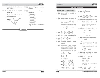 125
UN446
C L A S S : 5
THE END
It takes 15 s to chime 6 times
at 6 o'clock.
58. (B) AB, BC, CD, DE, AC, BD, CE,
AD,BE,AE.
There are 10 lines of
different lengths
59. (B) Sparrow, Pigeon, Peacock,
Ostrich
60. (A) Number of rectangles
formed by
1 = 7
2 s = 6
3 s = 3
Total number of rectangles
= 16
C L A S S : 5
126 ©Brain Mapping Academy
Key and Solutions
CODE: 449 Mathematics
1. (B) 99,99,999 – 10,000 =
99,89,999
2. (B) Words typed by Ramya in
one minute =
180
= 45
4
Time taken to type 405
words
405
45
= = 9 minutes.
3. (B)
4 13
3 4
×
7 91 19
= = 3
8 24 24
×
4. (C) 18 × 5 = 90  19 × 5 = 95
5. (C)
3
3
1 1
cm cm
4 64
⎛ ⎞
=
⎜ ⎟
⎝ ⎠
6. (A) ‘3’ should be there in place
of zero
7. (C) Observing the given
pattern, we find that the
two fractions in a row add
up to the one on its top row
i.e.,
1 1 3
+ =
2 4 4
and
1 1 9
+ = .
4 5 20
So, similarly,
2 + 3
1 1 5
X = + = =
3 2 6 6
10 + 9
5 3 19
Y = + = =
6 4 12 12
and 19 1 47
Z = + 1 = 2
12 5 60
8. (D)
2.25
= 0.45
5
`
`
9. (A)
0.1 0.01 10
+ = + 0.1 = 10.1
0.01 0.1 1
10. (A) Nissi marks = 92 – 15 = 77
Rishi marks = 77 + 4 = 81
Difference marks of jessy 
Rishi = 92 – 81 = 11
11. (A) 155° + x = 180° ⇒ x = 25°
x + a = 90°
25° + a = 90°
a = 65°
12. (B) 15% of total investment =
1305
15
100
total investment = 1305
Total investment = 1305
×
100
15
8700
13. (D) 51  34 LCM is 102  sum
= 51 + 34 = 85
14. (A) 2 : 5 = 6 cm : BC
30 cm = 2BC
BC = 15 cm
AC = AB + BC = 6 cm + 15 cm
= 21 cm
15. (C) 300 – 300 × 15% –
300 × 35%
 