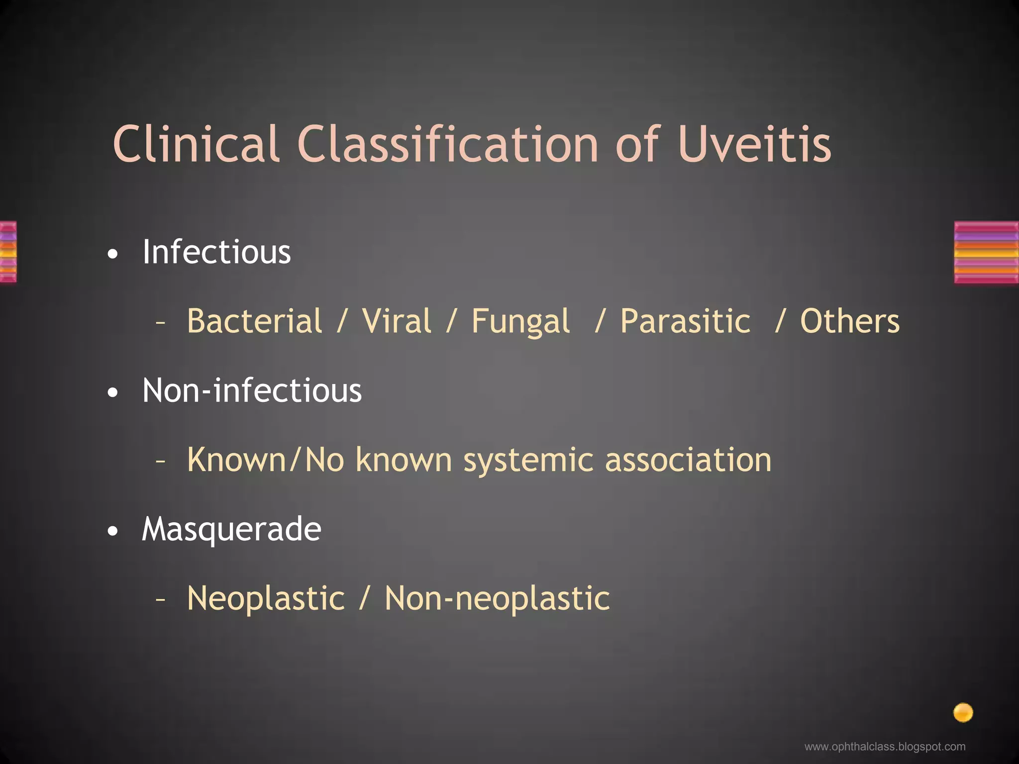 Clinical Classification of UveitisInfectious Bacterial / Viral / Fungal  / Parasitic  / Others Non-infectiousKnown/No known systemic association MasqueradeNeoplastic / Non-neoplastic