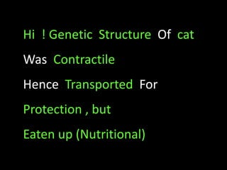 Hi ! Genetic Structure Of cat
Was Contractile
Hence Transported For
Protection , but
Eaten up (Nutritional)
 