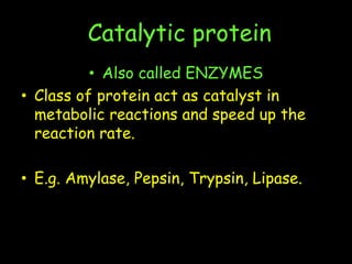 Catalytic protein
• Also called ENZYMES
• Class of protein act as catalyst in
metabolic reactions and speed up the
reaction rate.
• E.g. Amylase, Pepsin, Trypsin, Lipase.
 