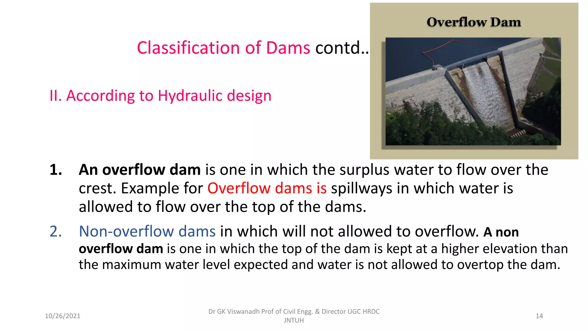 II. According to Hydraulic design
1. An overflow dam is one in which the surplus water to flow over the
crest. Example for Overflow dams is spillways in which water is
allowed to flow over the top of the dams.
2. Non-overflow dams in which will not allowed to overflow. A non
overflow dam is one in which the top of the dam is kept at a higher elevation than
the maximum water level expected and water is not allowed to overtop the dam.
Classification of Dams contd…
Dr GK Viswanadh Prof of Civil Engg. & Director UGC HRDC
JNTUH
10/26/2021 14
 