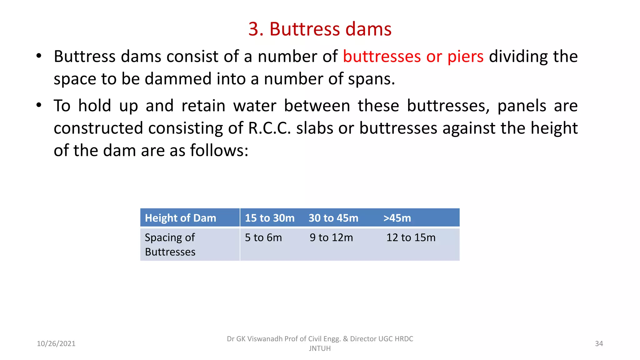 3. Buttress dams
• Buttress dams consist of a number of buttresses or piers dividing the
space to be dammed into a number of spans.
• To hold up and retain water between these buttresses, panels are
constructed consisting of R.C.C. slabs or buttresses against the height
of the dam are as follows:
Height of Dam 15 to 30m 30 to 45m >45m
Spacing of
Buttresses
5 to 6m 9 to 12m 12 to 15m
Dr GK Viswanadh Prof of Civil Engg. & Director UGC HRDC
JNTUH
10/26/2021 34
 