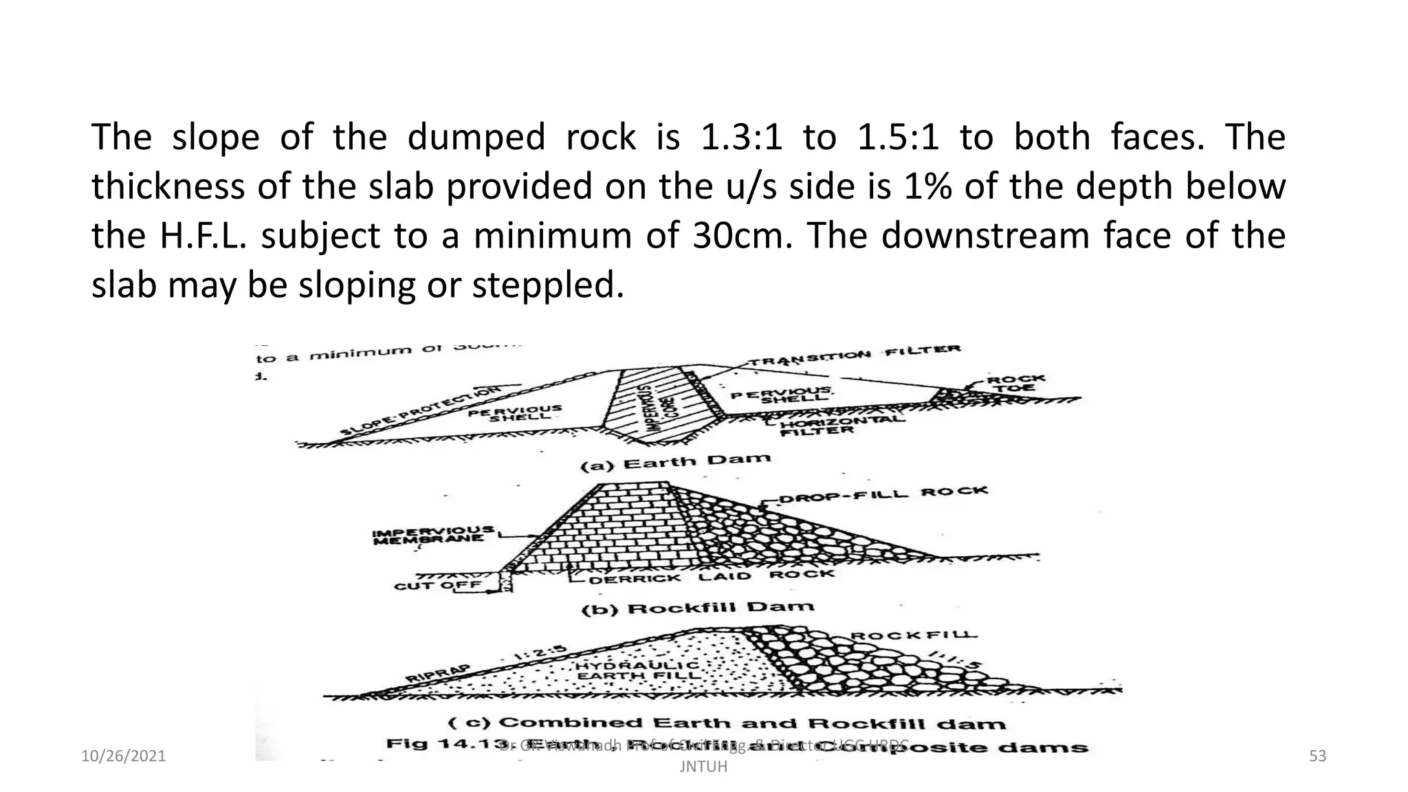 The slope of the dumped rock is 1.3:1 to 1.5:1 to both faces. The
thickness of the slab provided on the u/s side is 1% of the depth below
the H.F.L. subject to a minimum of 30cm. The downstream face of the
slab may be sloping or steppled.
Dr GK Viswanadh Prof of Civil Engg. & Director UGC HRDC
JNTUH
10/26/2021 53
 