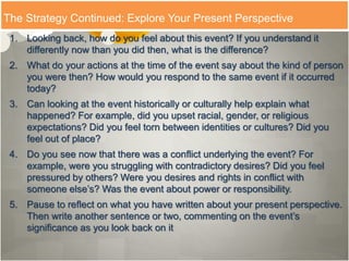 The Strategy Continued: Explore Your Present Perspective
1. Looking back, how do you feel about this event? If you understand it
differently now than you did then, what is the difference?
2. What do your actions at the time of the event say about the kind of person
you were then? How would you respond to the same event if it occurred
today?
3. Can looking at the event historically or culturally help explain what
happened? For example, did you upset racial, gender, or religious
expectations? Did you feel torn between identities or cultures? Did you
feel out of place?
4. Do you see now that there was a conflict underlying the event? For
example, were you struggling with contradictory desires? Did you feel
pressured by others? Were you desires and rights in conflict with
someone else’s? Was the event about power or responsibility.
5. Pause to reflect on what you have written about your present perspective.
Then write another sentence or two, commenting on the event’s
significance as you look back on it
 