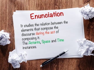 Enunciation
It studies the relation between the
elements that compose the
discourse during the act of
composing it.
The Actants, Space and Time
instances.
 