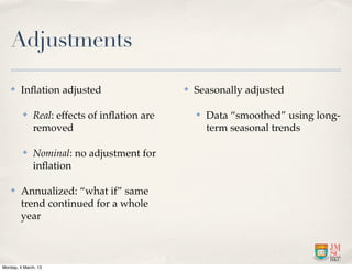 Adjustments

    ✤    Inﬂation adjusted                    ✤   Seasonally adjusted

          ✤   Real: effects of inﬂation are       ✤   Data “smoothed” using long-
              removed                                 term seasonal trends

          ✤   Nominal: no adjustment for
              inﬂation

    ✤    Annualized: “what if” same
         trend continued for a whole
         year



Monday, 4 March, 13
 