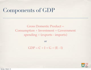 Components of GDP

                             Gross Domestic Product =
                      Consumption + Investment + Government
                           spending + (exports - imports)
                                        or

                             GDP = C + I + G + (E - I)




Monday, 4 March, 13
 
