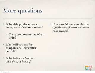 More questions

    ✤    Is the data published as an        ✤   How should you describe the
         index, or an absolute amount?          signiﬁcance of the measure to
                                                your reader?
          ✤   If an absolute amount, what
              units?

    ✤    What will you use for
         comparison? Year-earlier
         period?

    ✤    Is the indicator lagging,
         coincident, or leading?


Monday, 4 March, 13
 