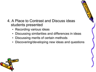 4. A Place to Contrast and Discuss ideas
students presented
• Recording various ideas
• Discussing similarities and differences in ideas
• Discussing merits of certain methods
• Discovering/developing new ideas and questions
 