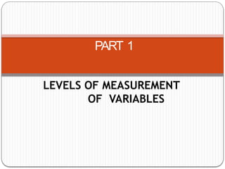 PART 1
LEVELS OF MEASUREMENT
OF VARIABLES
 