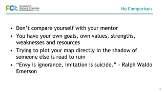 No Comparison
• Don’t compare yourself with your mentor
• You have your own goals, own values, strengths,
weaknesses and resources
• Trying to plot your map directly in the shadow of
someone else is road to ruin
• “Envy is ignorance, imitation is suicide.” - Ralph Waldo
Emerson
19
 