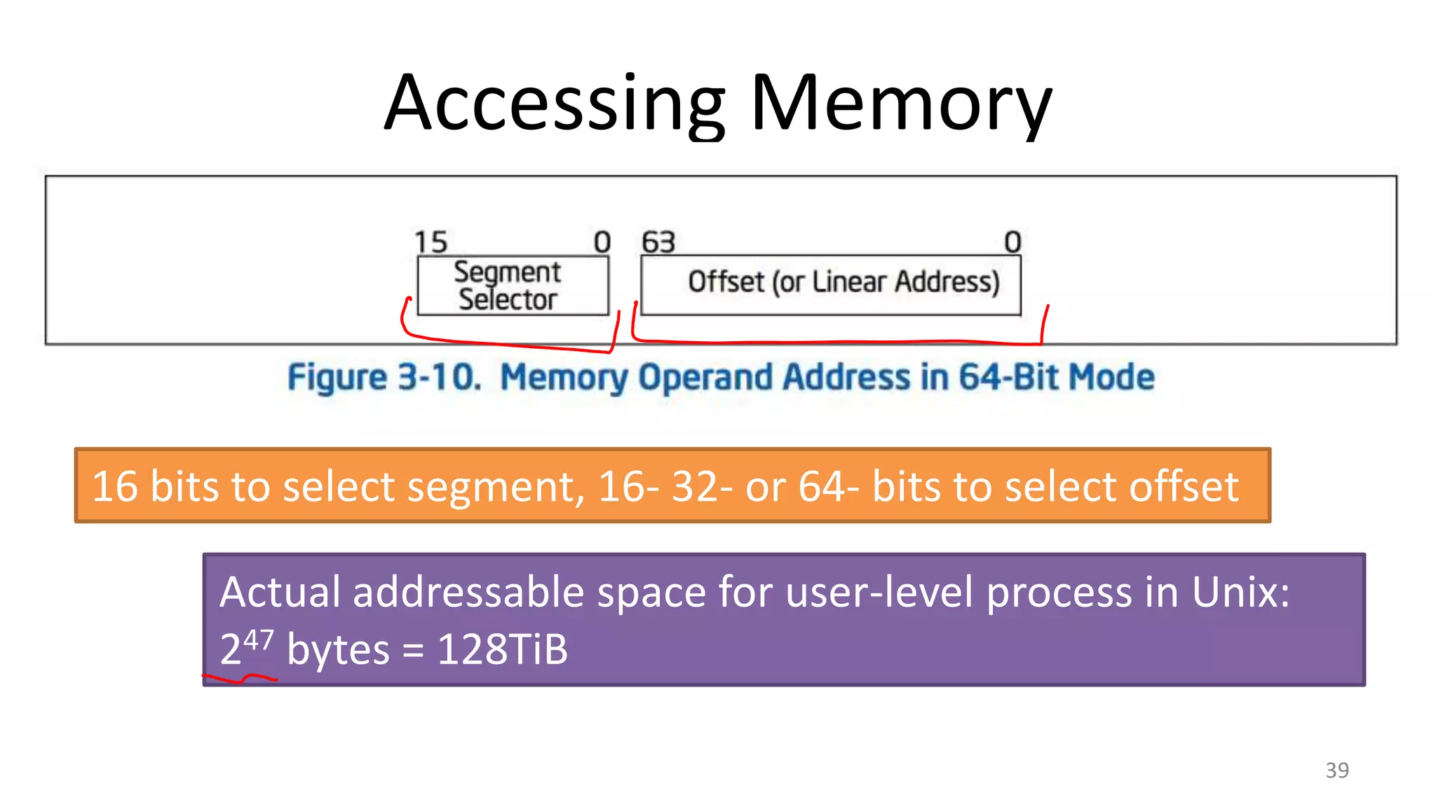 Accessing Memory

16 bits to select segment, 16- 32- or 64- bits to select offset
Actual addressable space for user-level process in Unix:
247 bytes = 128TiB
39

 