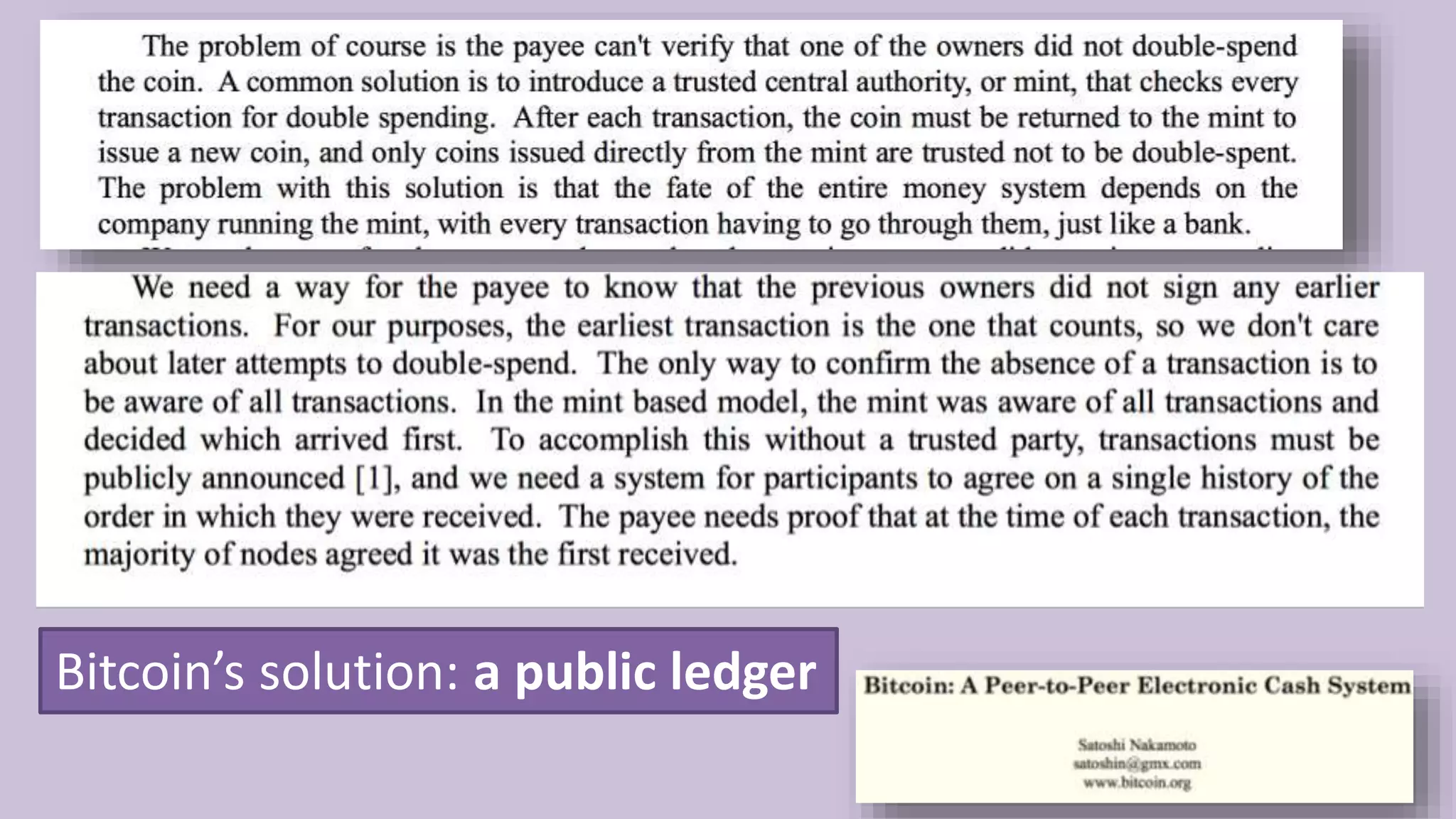 15
Bitcoin’s solution: a public ledger
 