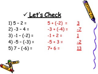  Let’s Check
1) 5 – 2 = 5 + (-2) = 3
2) -3 – 4 = -3 + (-4) = -7
3) -1 – (-2) = -1 + 2 = 1
4) -5 – (-3) = -5 + 3 = -2
5) 7 – (-6) = 7+ 6 = 13
 