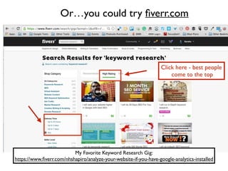 Or…you could try ﬁverr.com
Click here - best people	

come to the top
My Favorite Keyword Research Gig:	

https://www.ﬁverr.com/nhshapiro/analyze-your-website-if-you-have-google-analytics-installed
 