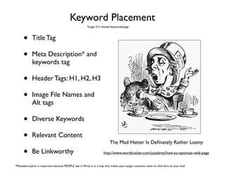 Keyword Placement
• Title Tag	

• Meta Description* and
keywords tag	

• Header Tags: H1, H2, H3	

• Image File Names and
Alt tags	

• Diverse Keywords	

• Relevant Content	

• Be Linkworthy
The Mad Hatter Is Deﬁnately Rather Loony
http://www.wordtracker.com/academy/how-to-optimize-web-page
Target 2-5 related keywords/page
*Metadescription is important because PEOPLE see it.Write it in a way that makes your target customer want to click-thru to your site!
 