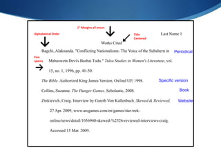 1” Margins all around
Alphabetical Order Title
Centered
Five
spaces
Works Cited
Last Name 1
Bagchi, Alaknanda. "Conflicting Nationalisms: The Voice of the Subaltern in
Mahasweta Devi's Bashai Tudu." Tulsa Studies in Women's Literature, vol.
15, no. 1, 1996, pp. 41-50.
The Bible. Authorized King James Version, Oxford UP, 1998.
Collins, Suzanne. The Hunger Games. Scholastic, 2008.
Zinkievich, Craig. Interview by Gareth Von Kallenbach. Skewed & Reviewed,
27 Apr. 2009, www.arcgames.com/en/games/star-trek-
online/news/detail/1056940-skewed-%2526-reviewed-interviews-craig.
Accessed 15 Mar. 2009.
Website
Book
Periodical
Specific version
 