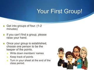 Your First Group!
S Get into groups of four. (1-2
minutes)
S If you can’t find a group, please
raise your hand.
S Once your group is established,
choose one person to be the
keeper of the points.
S Write down members’ names
S Keep track of points
S Turn in your sheet at the end of the
class period.
 