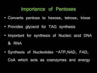 Importance of Pentoses
• Converts pentose to hexose, tetrose, triose
• Provides glycerol for TAG synthesis
• Important for synthesis of Nucleic acid DNA
& RNA
• Synthesis of Nucleotides –ATP,NAD, FAD,
CoA which acts as coenzymes and energy
 