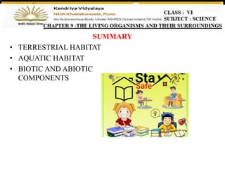 SUMMARY
• TERRESTRIAL HABITAT
• AQUATIC HABITAT
• BIOTIC AND ABIOTIC
COMPONENTS
 
