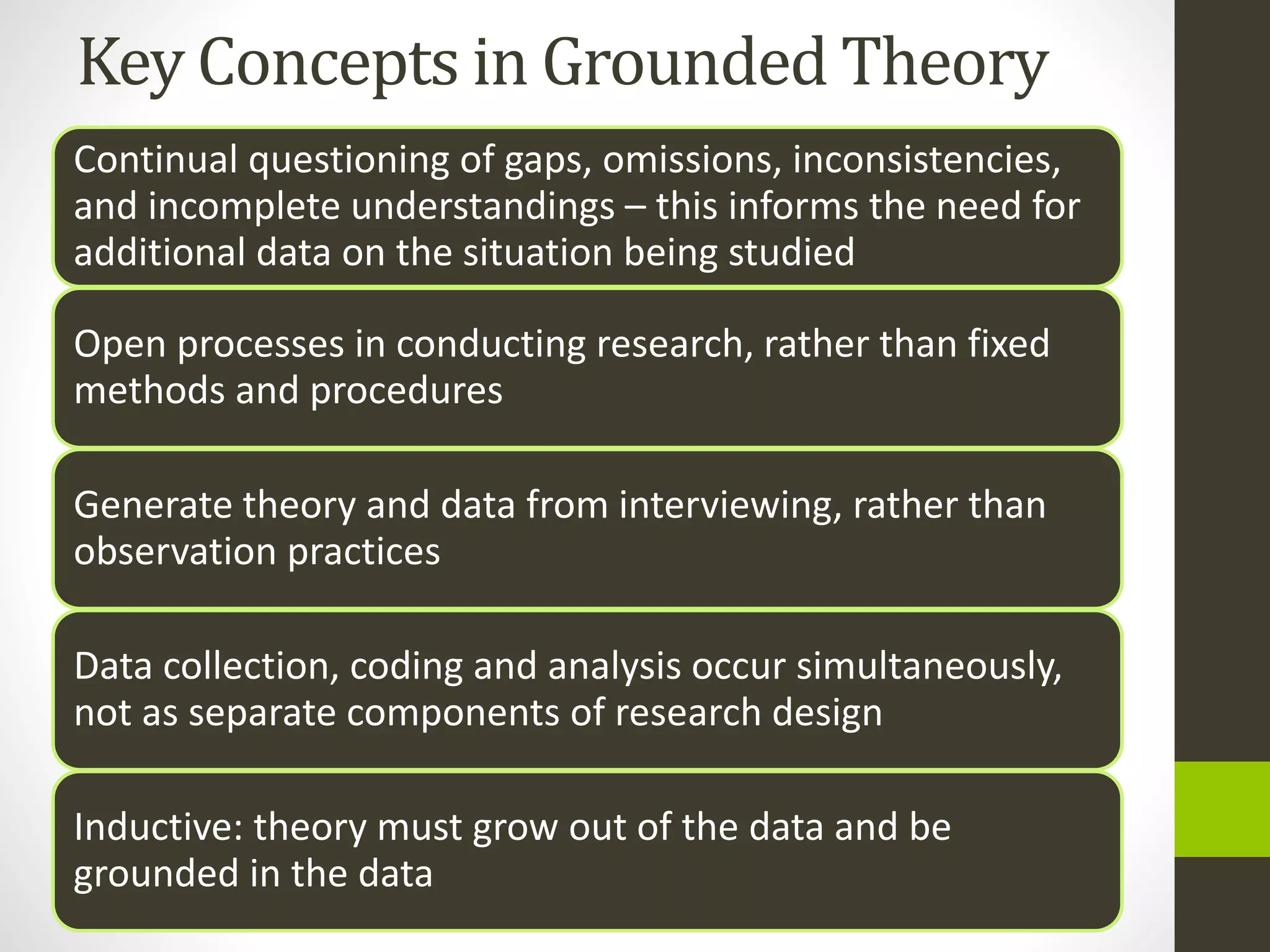 Key Concepts in Grounded Theory
Continual questioning of gaps, omissions, inconsistencies,
and incomplete understandings – this informs the need for
additional data on the situation being studied
Open processes in conducting research, rather than fixed
methods and procedures
Generate theory and data from interviewing, rather than
observation practices
Data collection, coding and analysis occur simultaneously,
not as separate components of research design
Inductive: theory must grow out of the data and be
grounded in the data
 