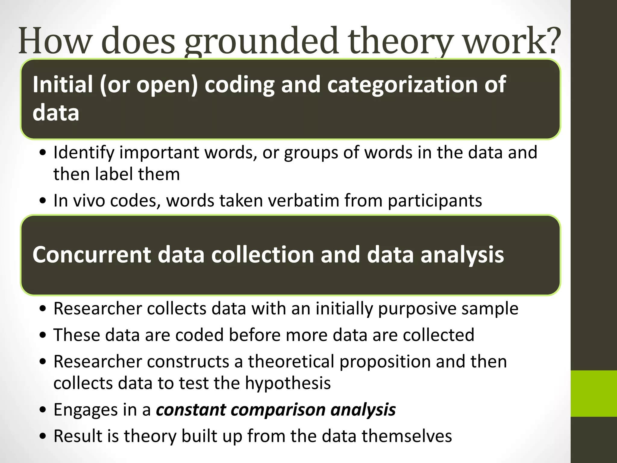 How does grounded theory work?
Initial (or open) coding and categorization of
data
• Identify important words, or groups of words in the data and
then label them
• In vivo codes, words taken verbatim from participants
Concurrent data collection and data analysis
• Researcher collects data with an initially purposive sample
• These data are coded before more data are collected
• Researcher constructs a theoretical proposition and then
collects data to test the hypothesis
• Engages in a constant comparison analysis
• Result is theory built up from the data themselves
 