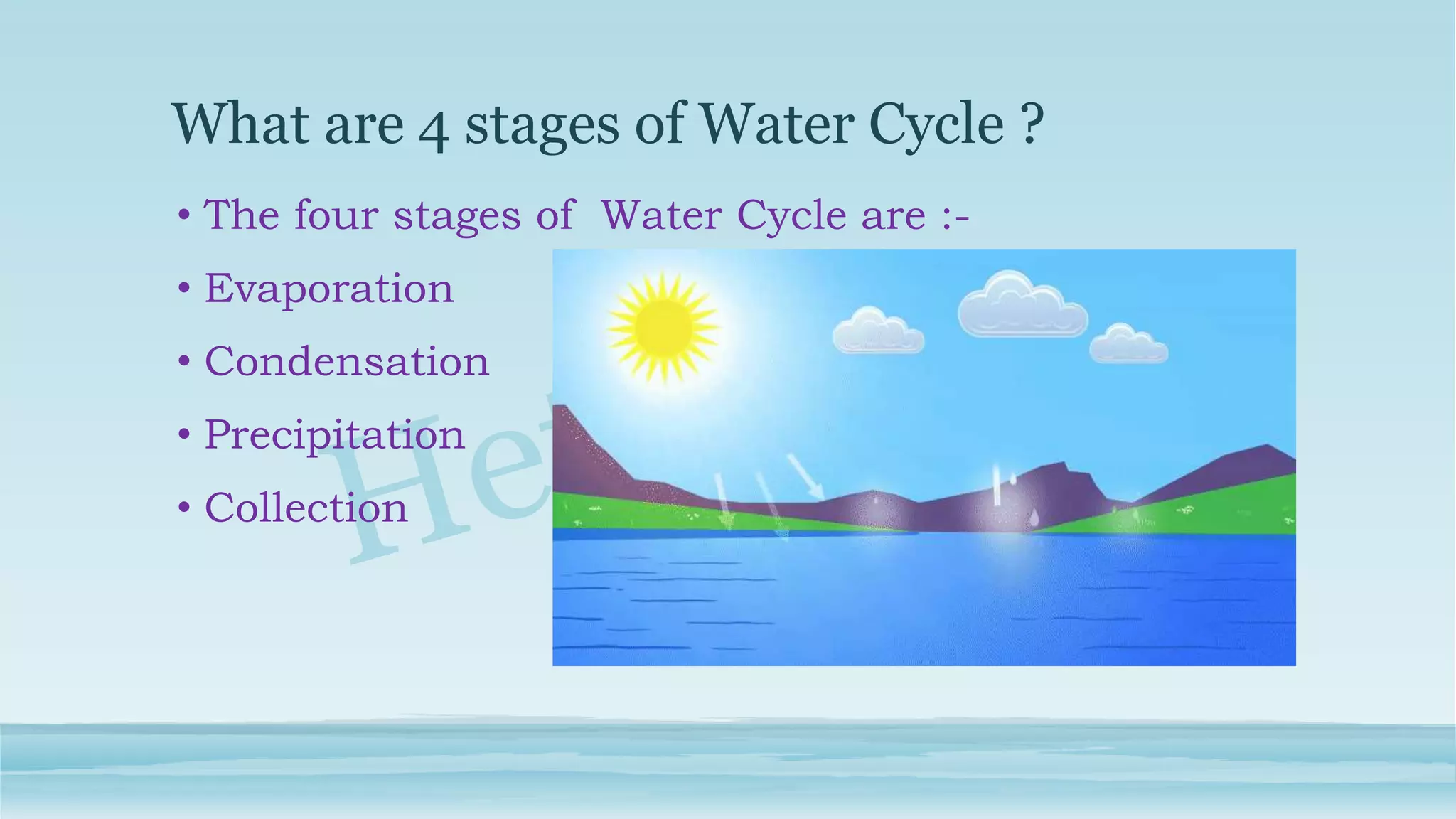What are 4 stages of Water Cycle ?
• The four stages of Water Cycle are :-
• Evaporation
• Condensation
• Precipitation
• Collection
 