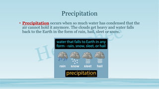 Precipitation
• Precipitation occurs when so much water has condensed that the
air cannot hold it anymore. The clouds get heavy and water falls
back to the Earth in the form of rain, hail, sleet or snow.
 