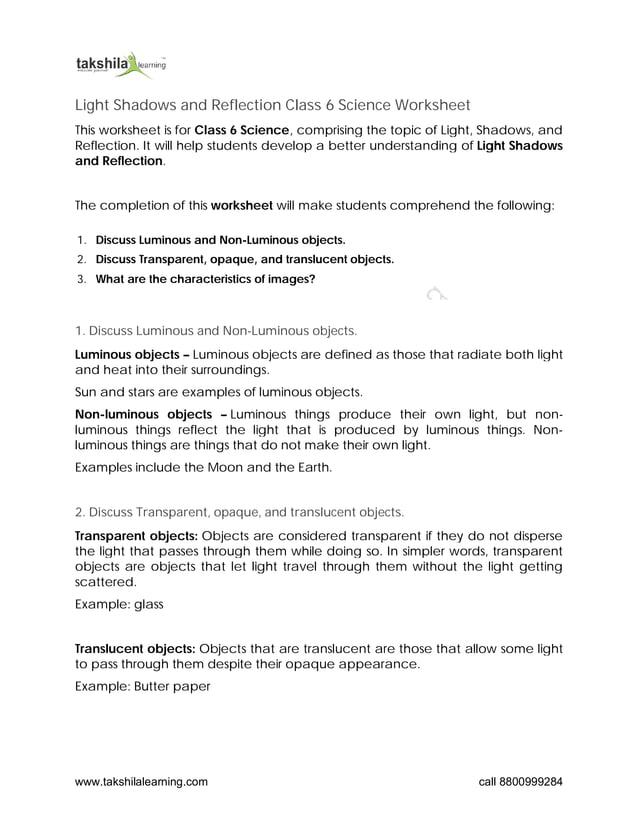 Class 6 Science Light Shadows And Reflection Pdf