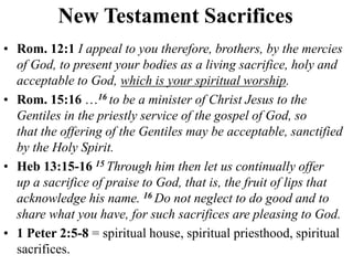 New Testament Sacrifices
• Rom. 12:1 I appeal to you therefore, brothers, by the mercies
of God, to present your bodies as a living sacrifice, holy and
acceptable to God, which is your spiritual worship.
• Rom. 15:16 …16 to be a minister of Christ Jesus to the
Gentiles in the priestly service of the gospel of God, so
that the offering of the Gentiles may be acceptable, sanctified
by the Holy Spirit.
• Heb 13:15-16 15 Through him then let us continually offer
up a sacrifice of praise to God, that is, the fruit of lips that
acknowledge his name. 16 Do not neglect to do good and to
share what you have, for such sacrifices are pleasing to God.
• 1 Peter 2:5-8 = spiritual house, spiritual priesthood, spiritual
sacrifices.
 
